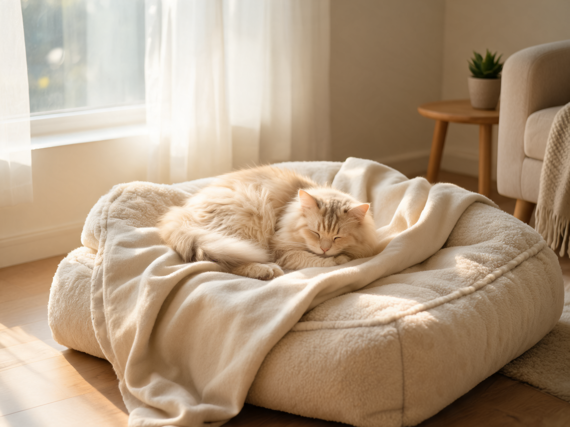 ### Alt Text  **Long-haired cat peacefully sleeping on a cozy pet bed with a soft blanket in a modern home**