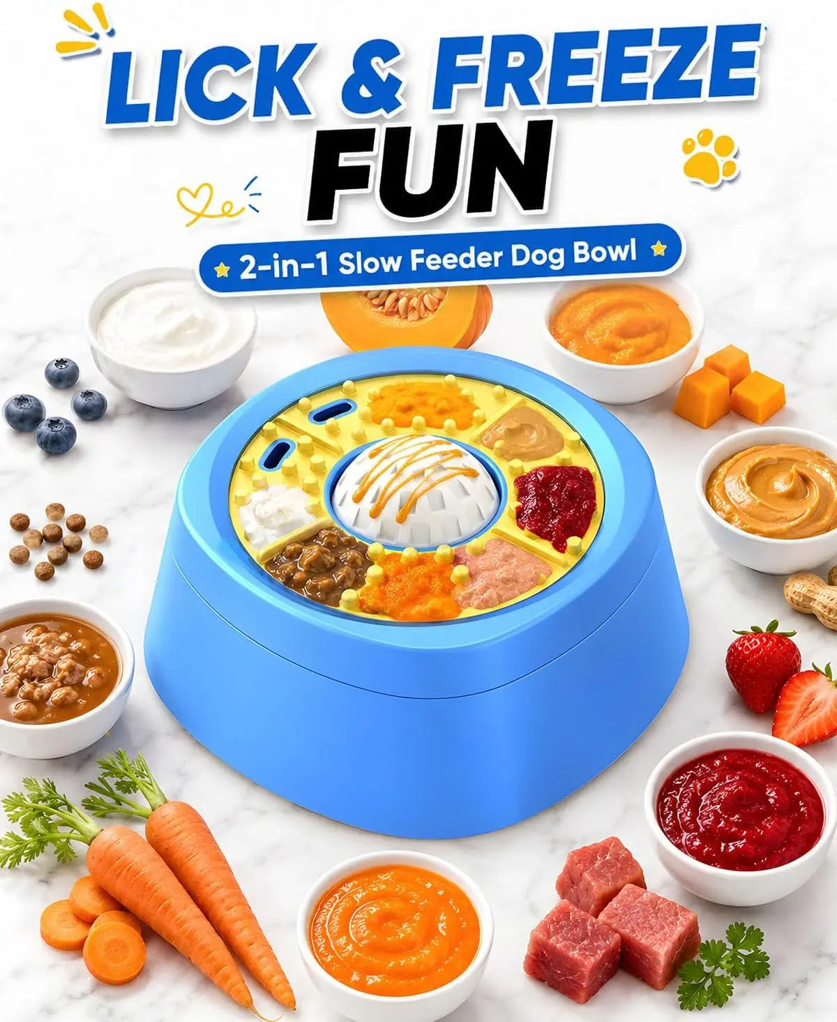 Picky Zoom Interactive Slow Feeder Dog Bowl - 2-In-1 Enrichment Feeder with Rolling Lick Ball for Fast Eaters, Anti-Slip Suction Base for Frozen Treats, Yogurt & Wet Food, for Dogs & Cats